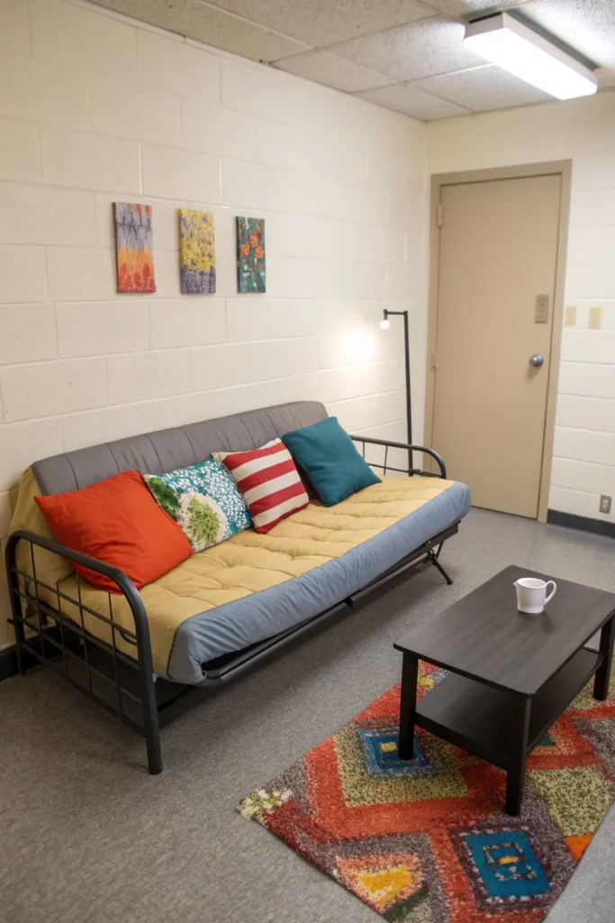 7 a minimalist dorm room with a foldable futon i