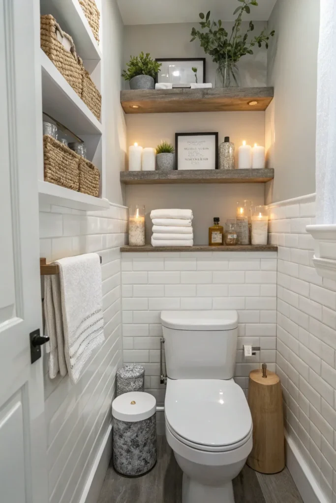 7 a small bathroom styled with floating shelves