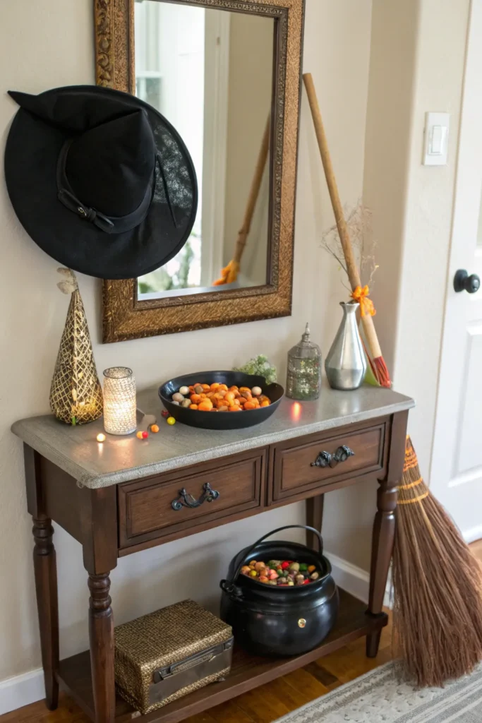 7 a witch inspired entry table with a broom lean