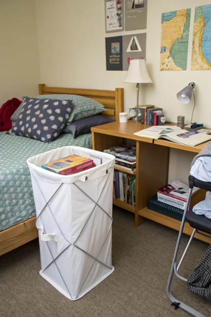 7 collapsible laundry hamper in the corner of a