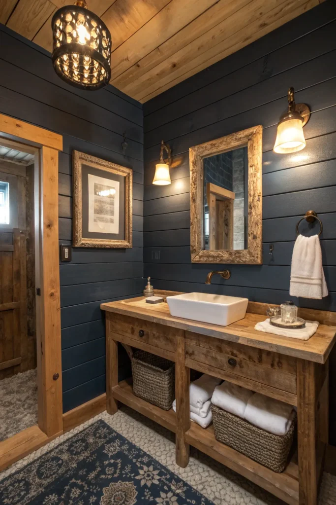 7 cozy rustic bathroom with dark blue shiplap wa