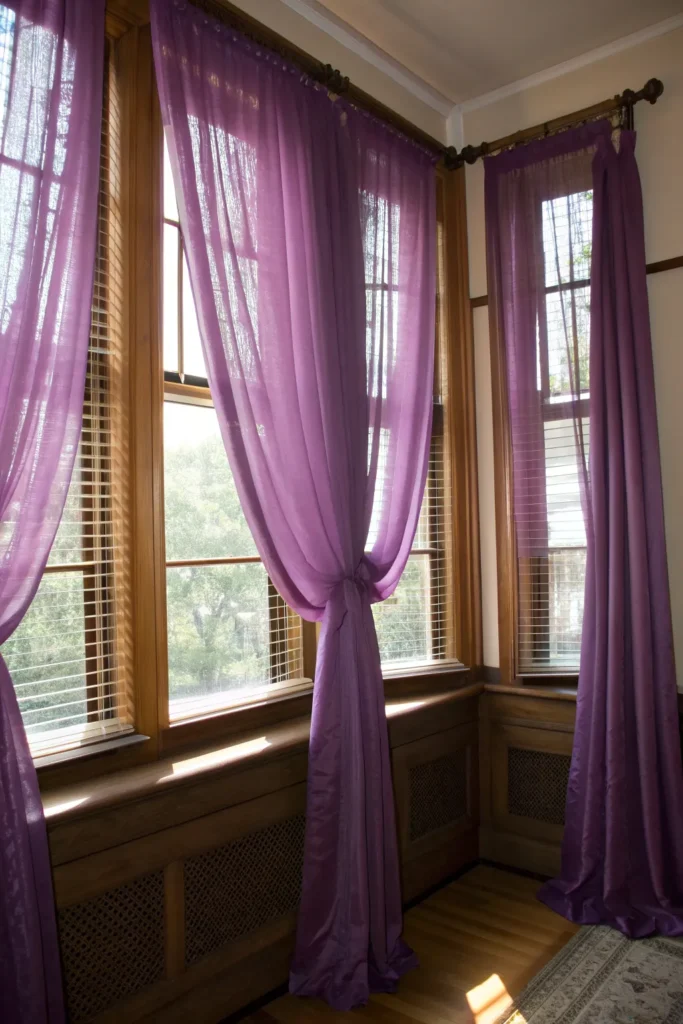 7 dorm windows decorated with rich purple curtai