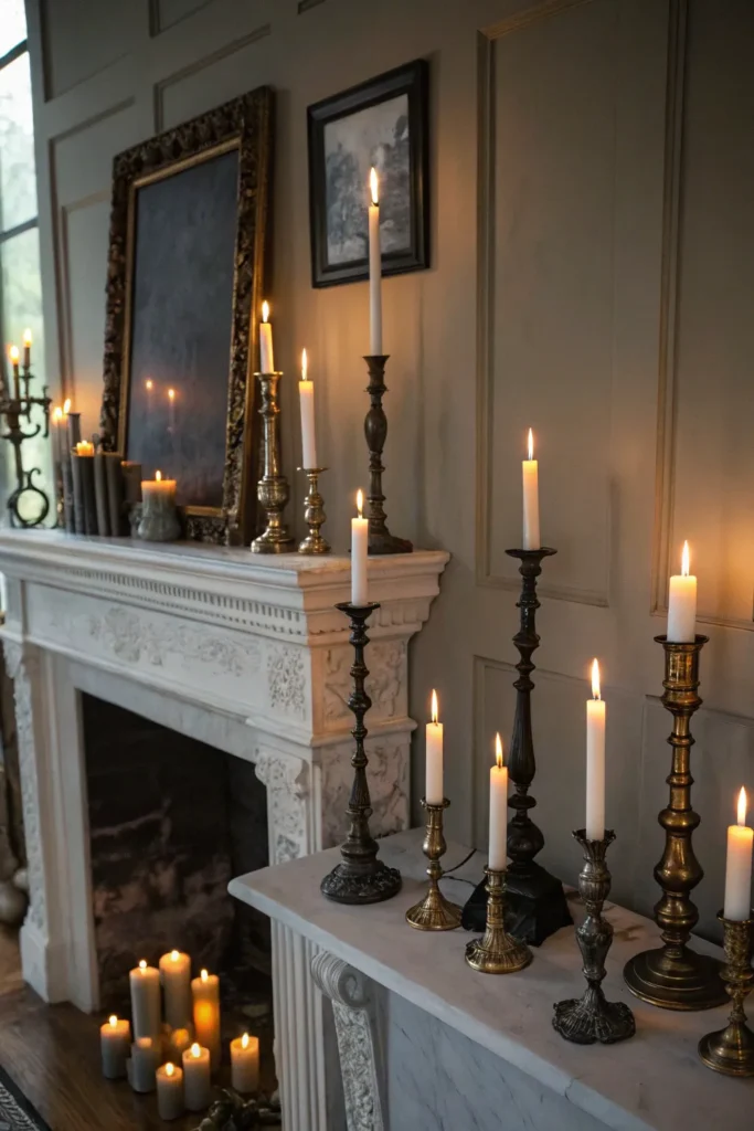 7 fireplace mantel filled with mismatched candl