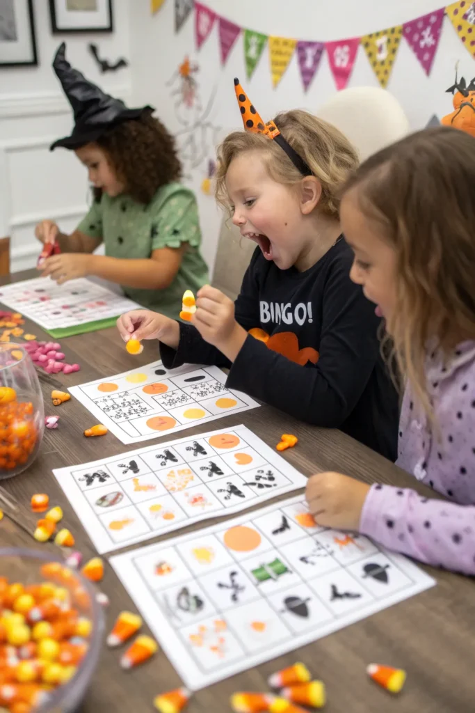 7 halloween bingo children gathered around a deco