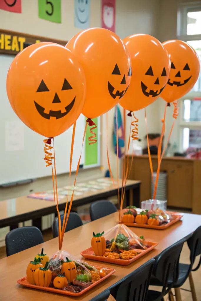 7 orange balloons tied to small table weights e