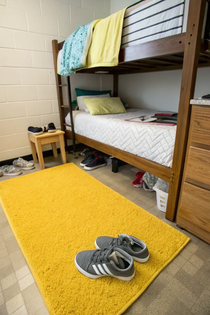 7 small dorm room floor styled with a bright yel