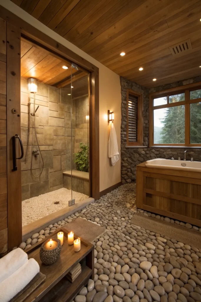 7 spa inspired bathroom with pebble tile floorin