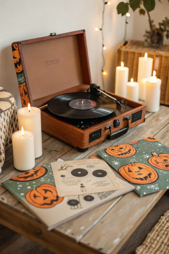 7 vintage record player surrounded by pumpkin vi