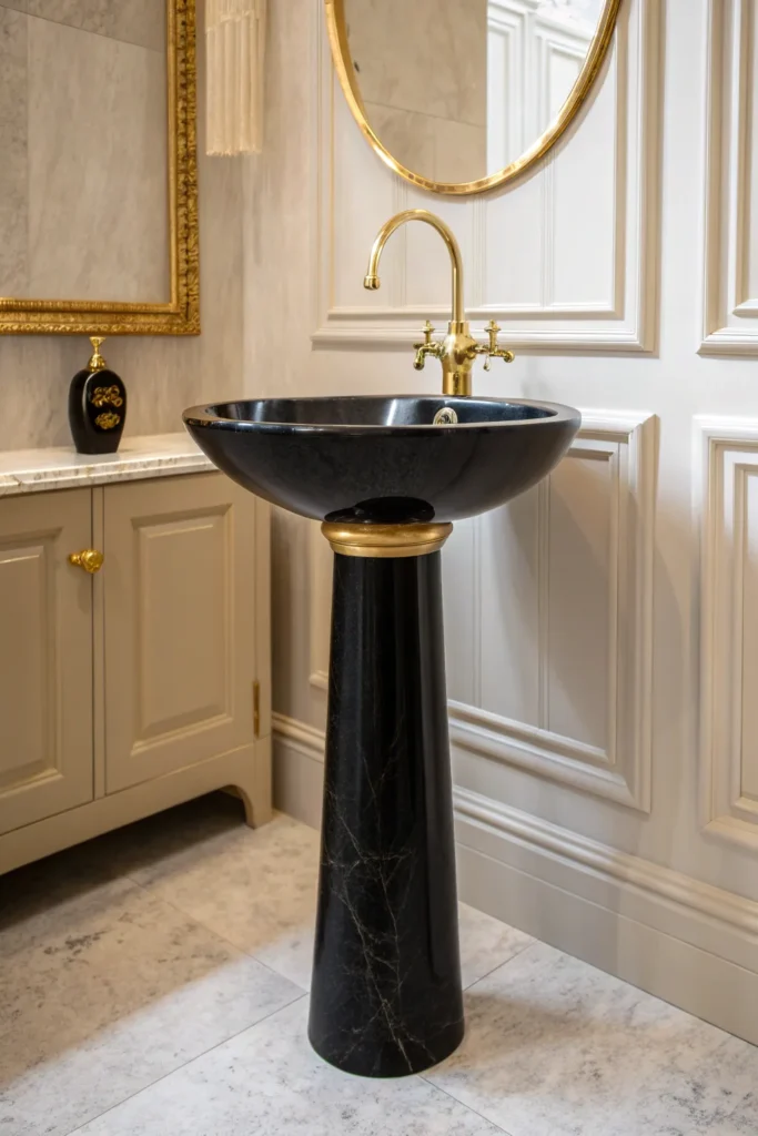 8 a bold black pedestal sink with gold faucet s
