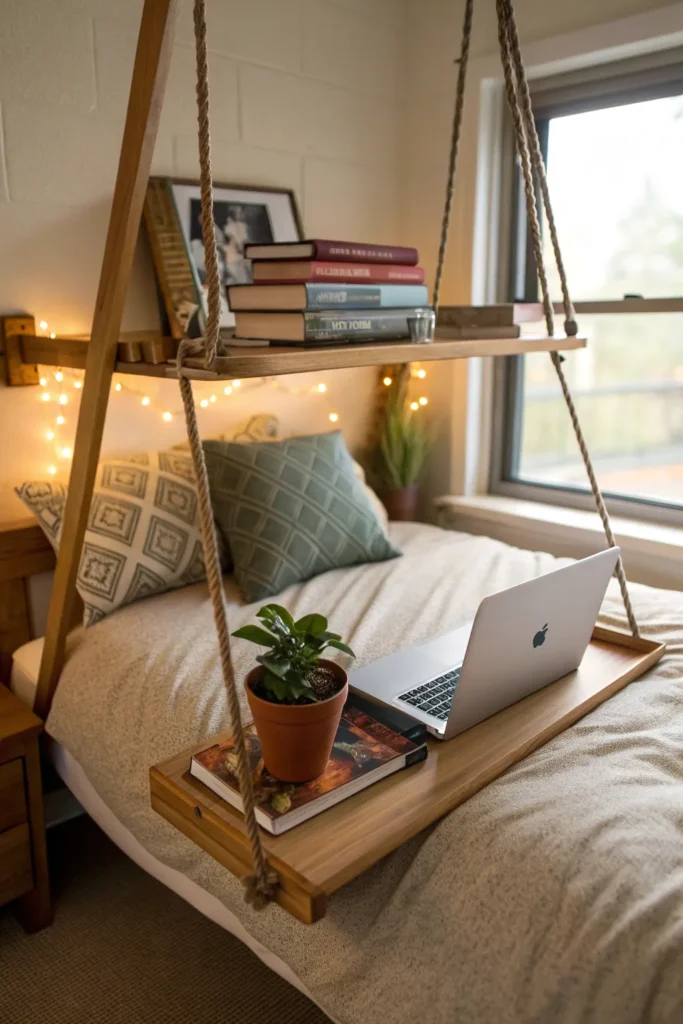 8 a dorm bed with a wooden hanging shelf attache
