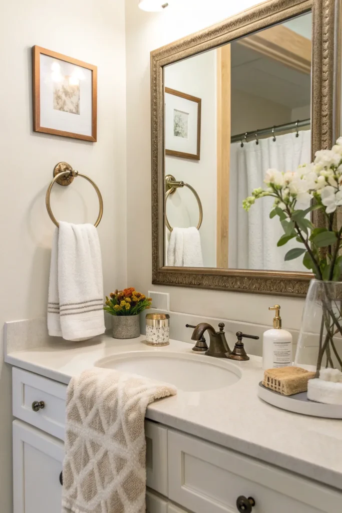 8 a guest bathroom sink area with towel rings h