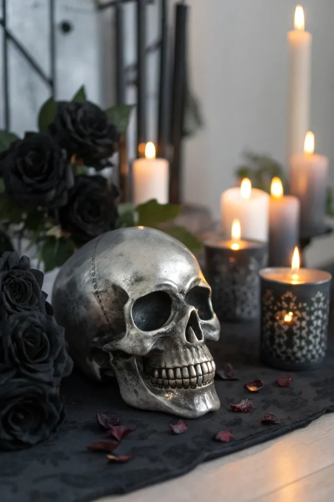 8 a metallic silver painted skull placed at the
