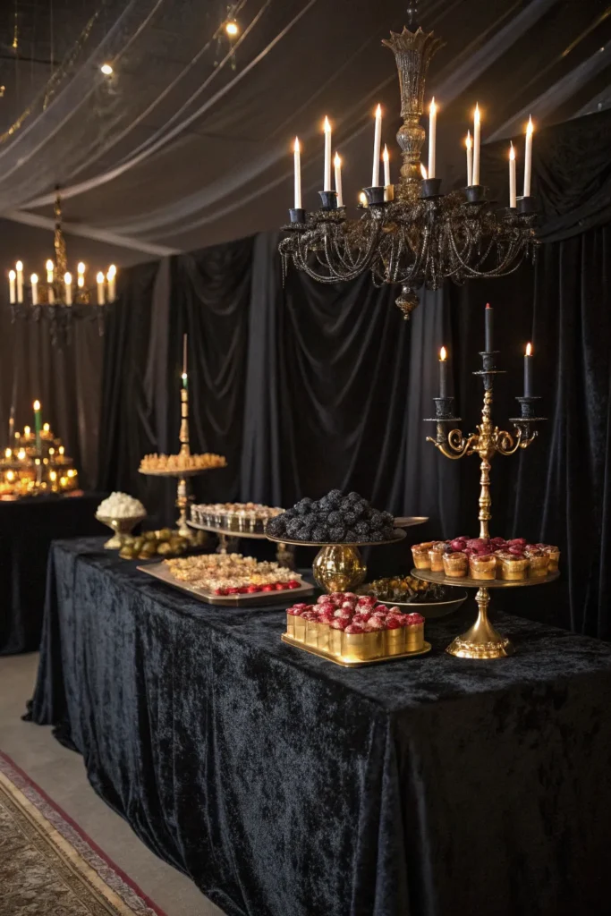 8 an elegant black velvet candy table draped in