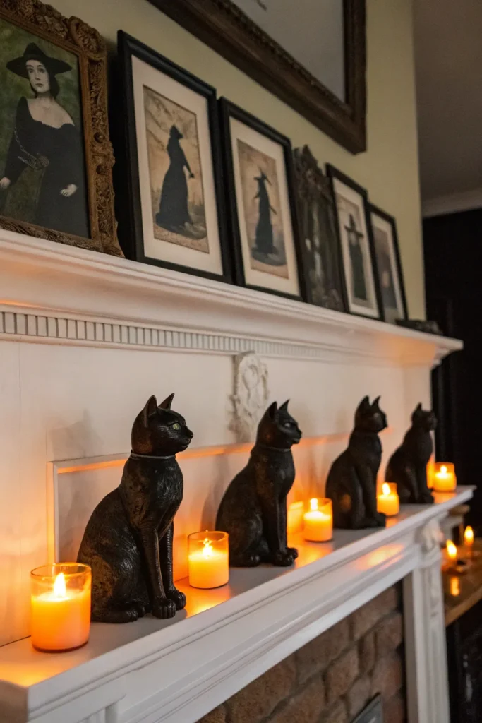 8 black cat figurines on a white mantle with fra