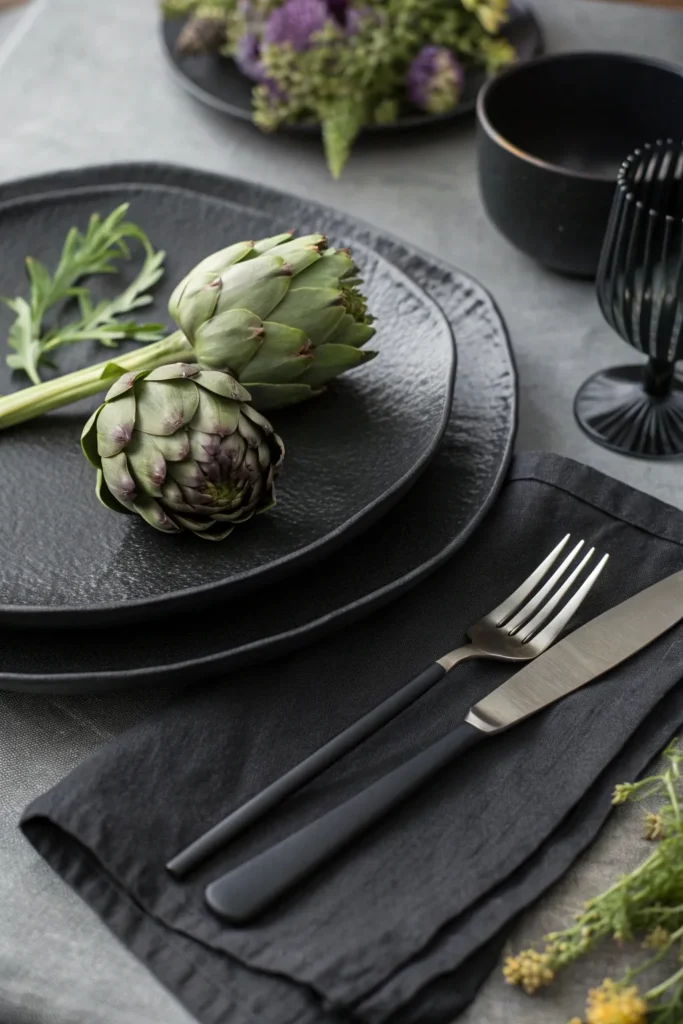 8 blackened botanical place settings a detailed