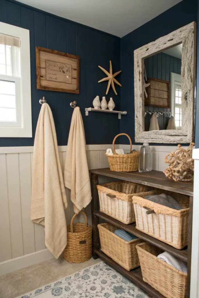 8 coastal inspired bathroom with navy walls rat