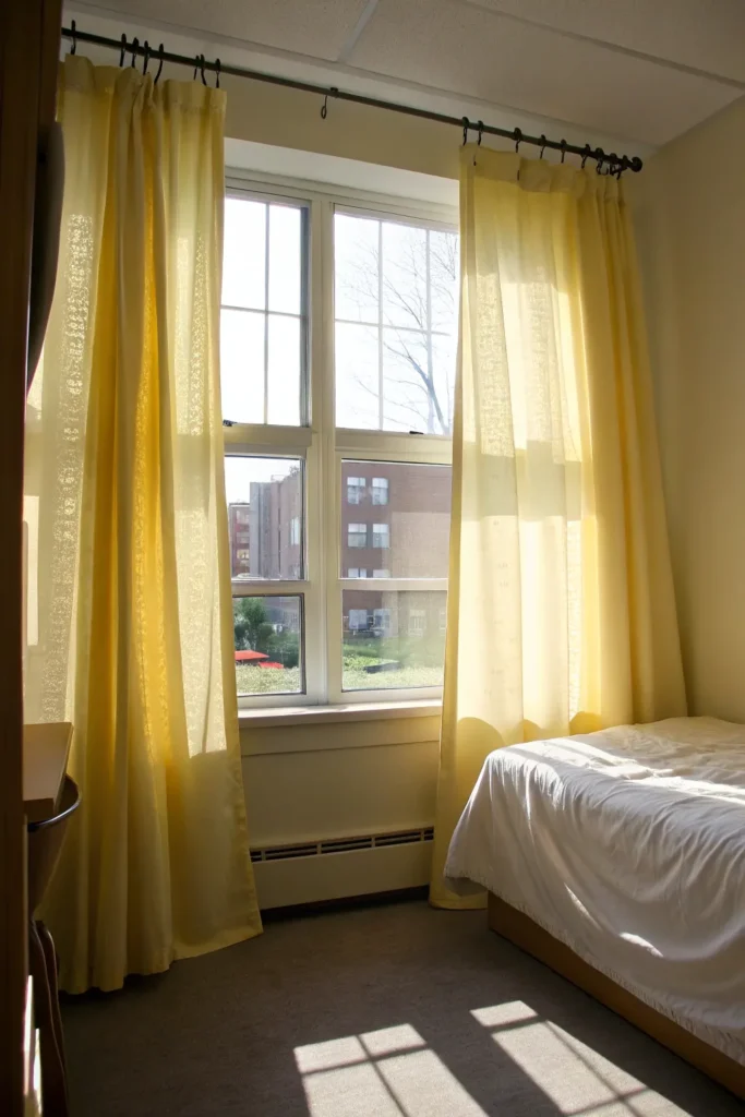8 dorm window dressed with light yellow curtains