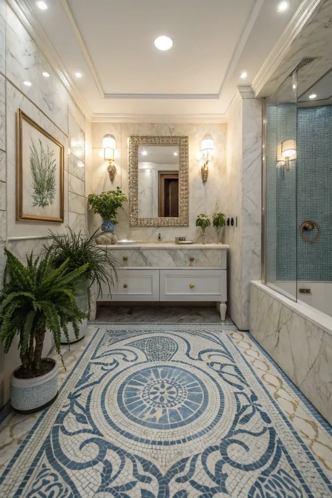 8 elegant bathroom with blue and white mosaic fl