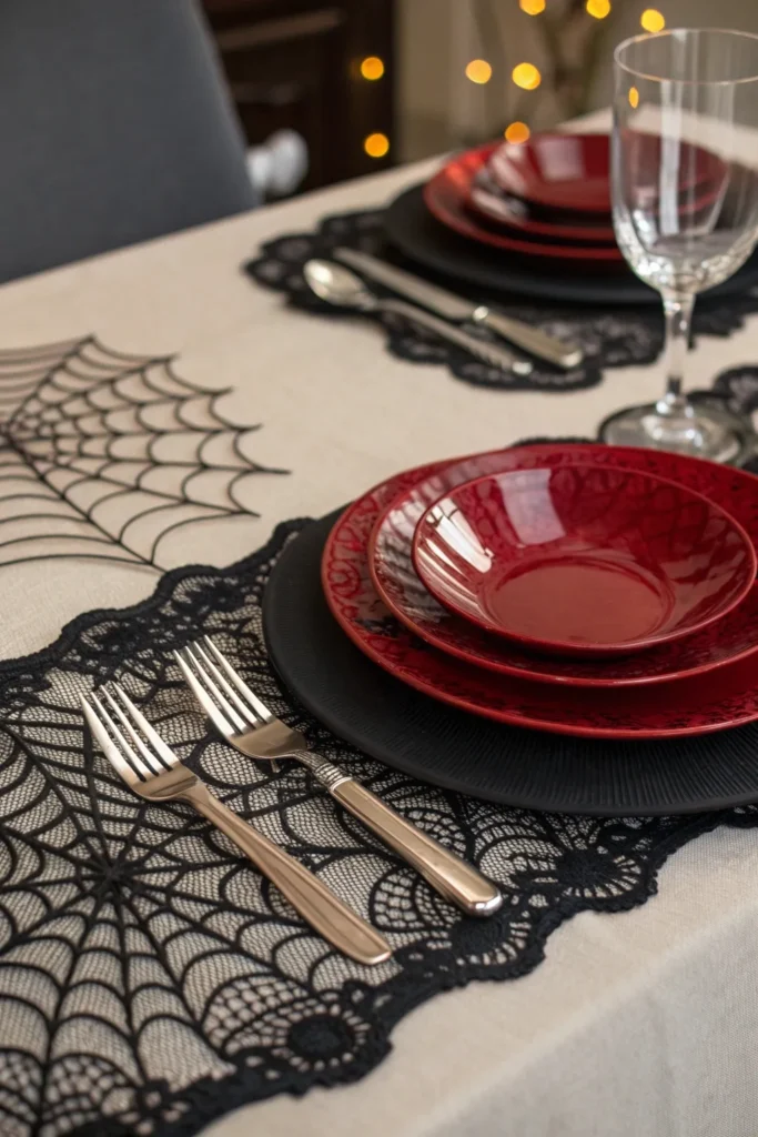 8 elegant black lace placemats layered with silv