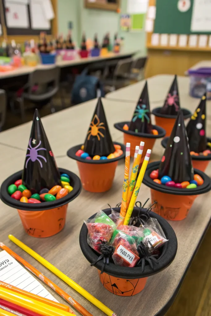 8 mini witch hats used as candy holders on a dec