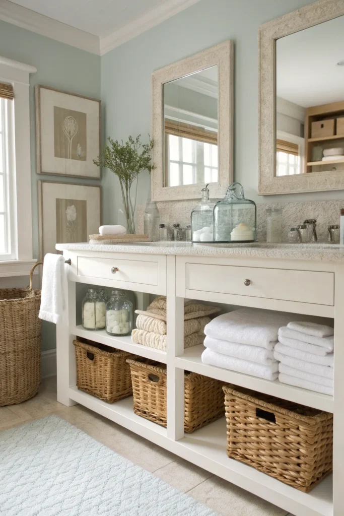 8 open shelf vanity with neatly folded towels w