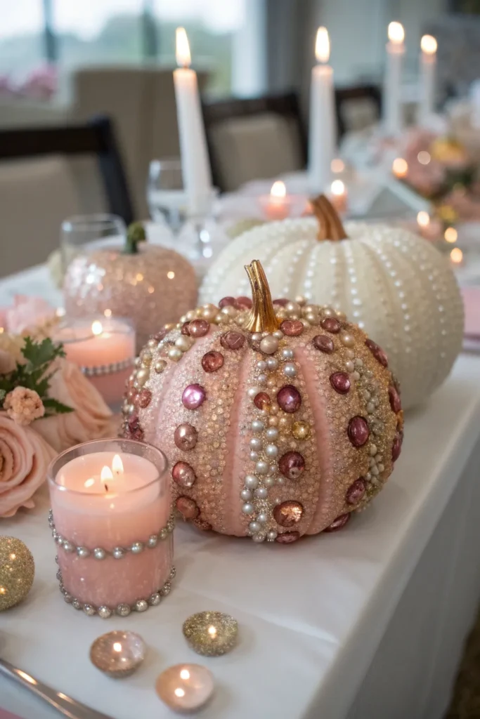 8 pink glam pumpkins close up of pumpkins decora