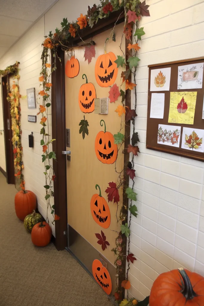 8 pumpkin patch scene a dorm door covered in pap
