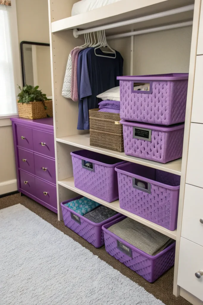 8 purple storage bins and baskets neatly stacked