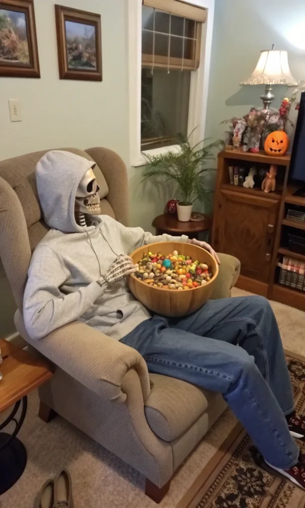 8 skeleton in the corner prompt a humorous and r