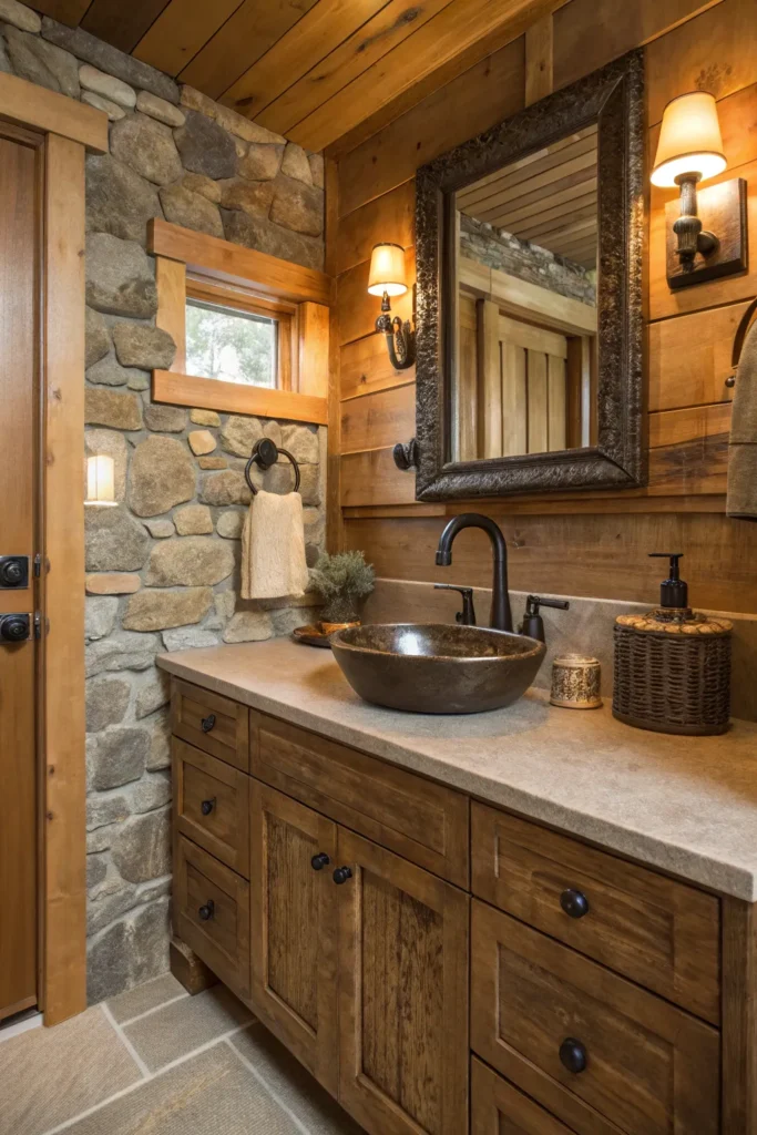 9 a cozy rustic bathroom with a bronze faucet w