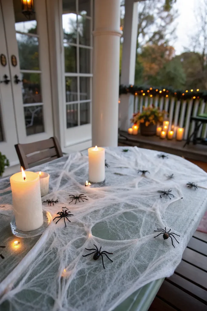 9 a dining table draped in stretchy white spider