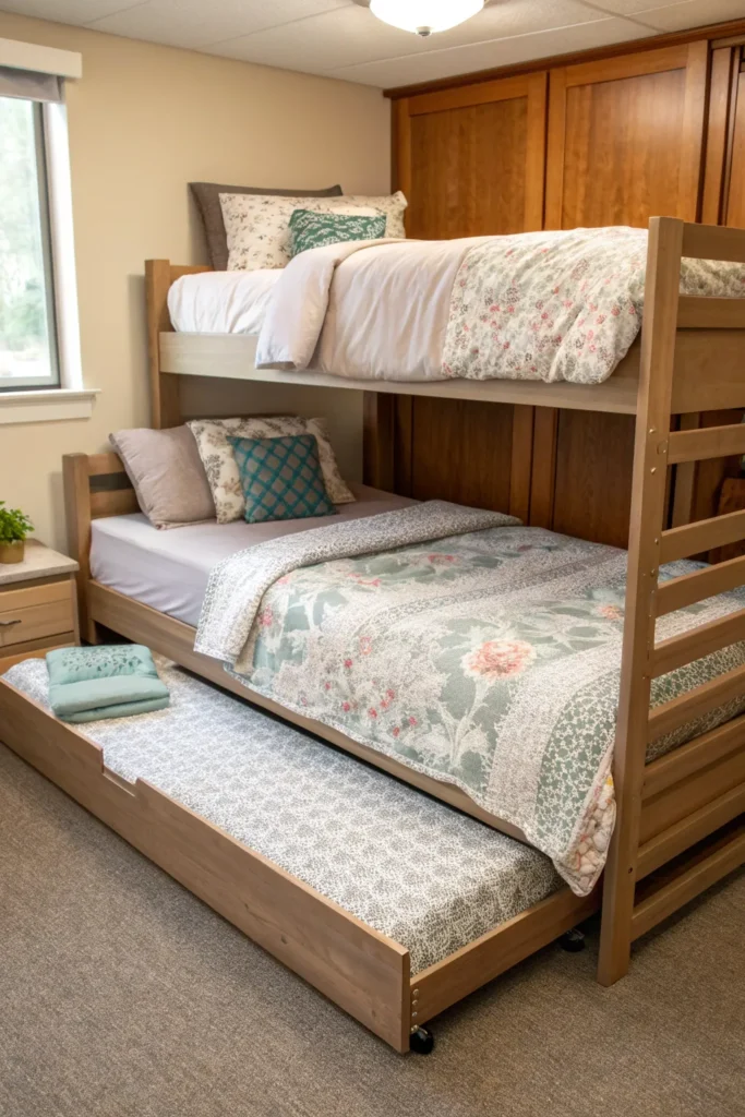 9 a dorm setup with a trundle bed pulled halfway
