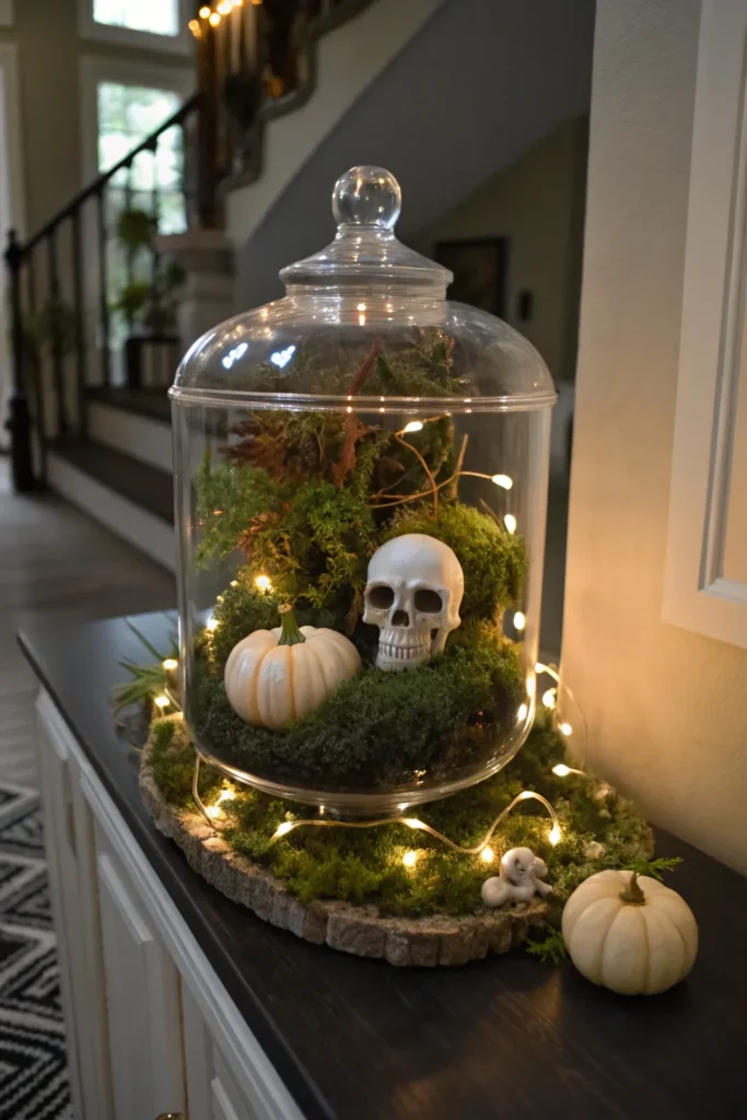 9 a glass terrarium centerpiece on an entry tabl