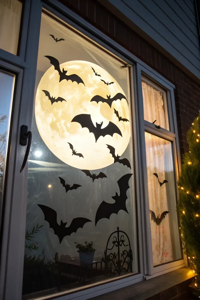9 a halloween window painting of bats flying acr