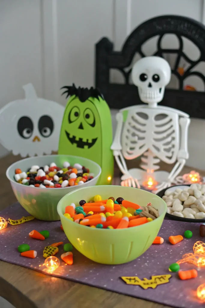 9 a monster mash candy bowl setup with frankenst