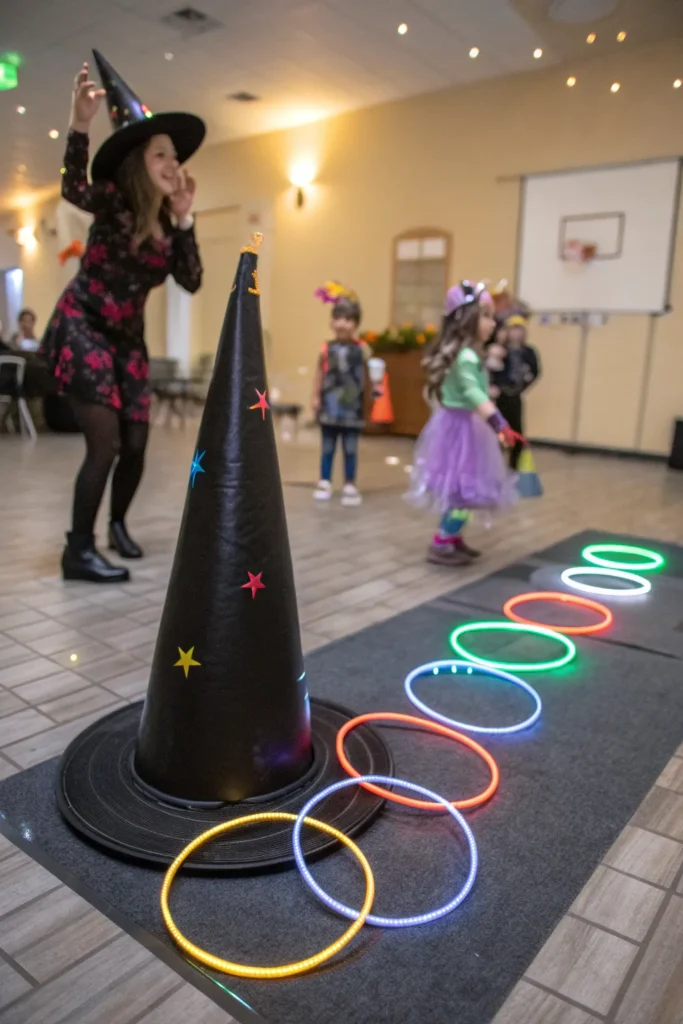 9 a witch hat ring toss game setup with a large