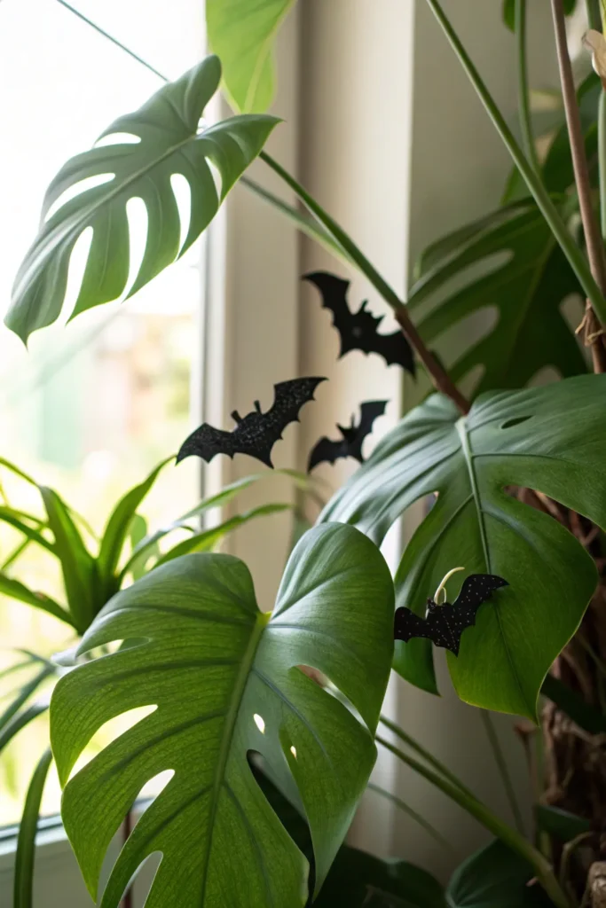 9 bat silhouettes on houseplants prompt macro d