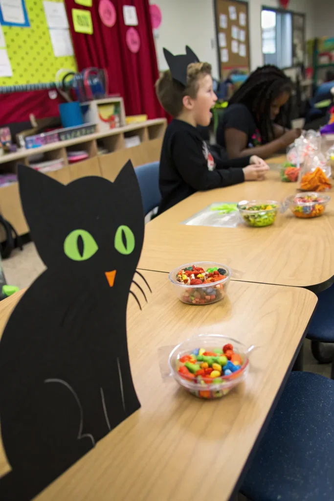 9 cardboard black cat cutouts taped to the edges