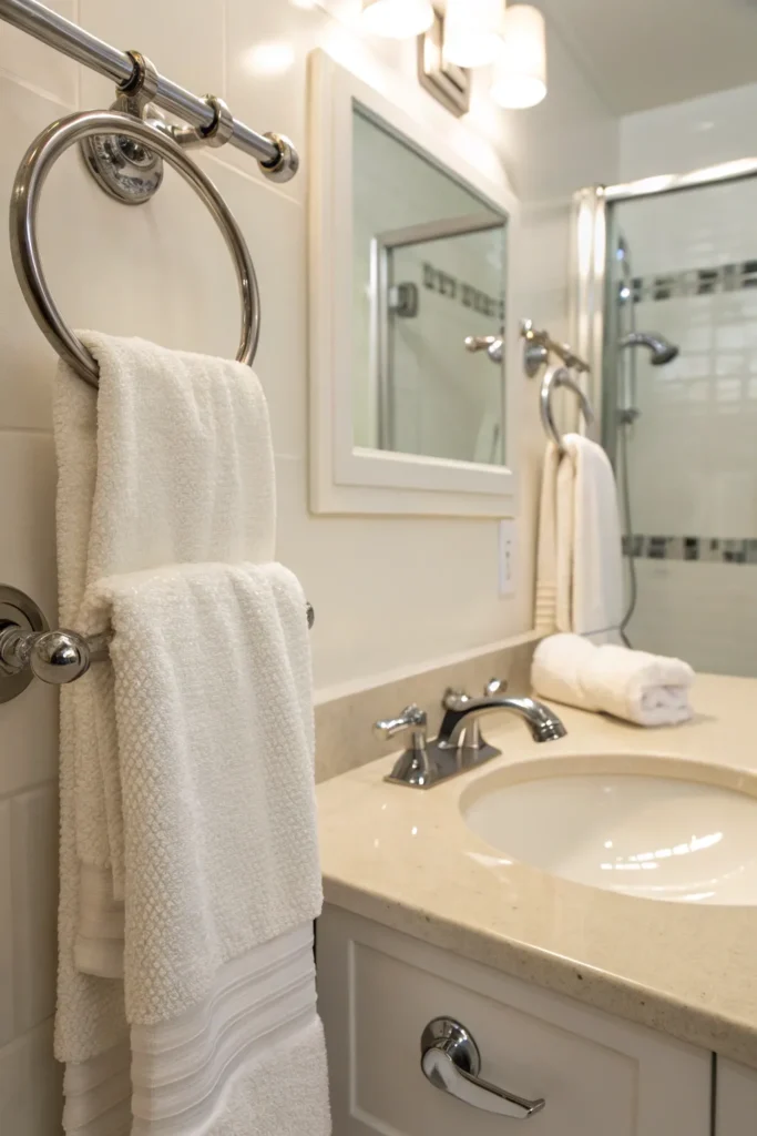 9 close up of towel rings and bars mounted besid