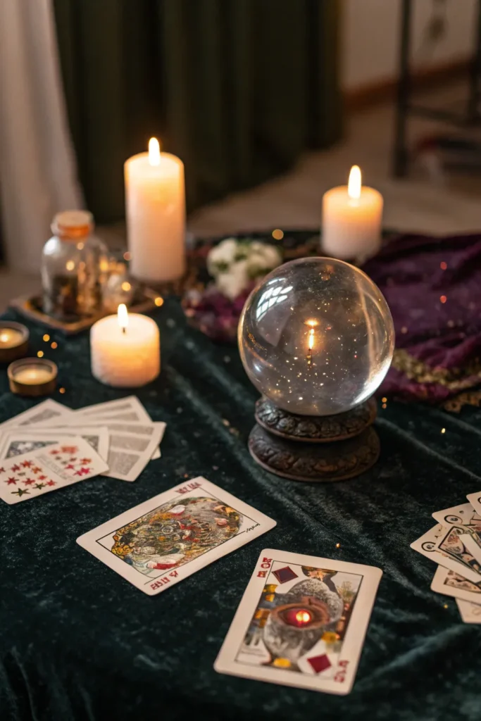 9 crystal ball display with velvet tablecloth an