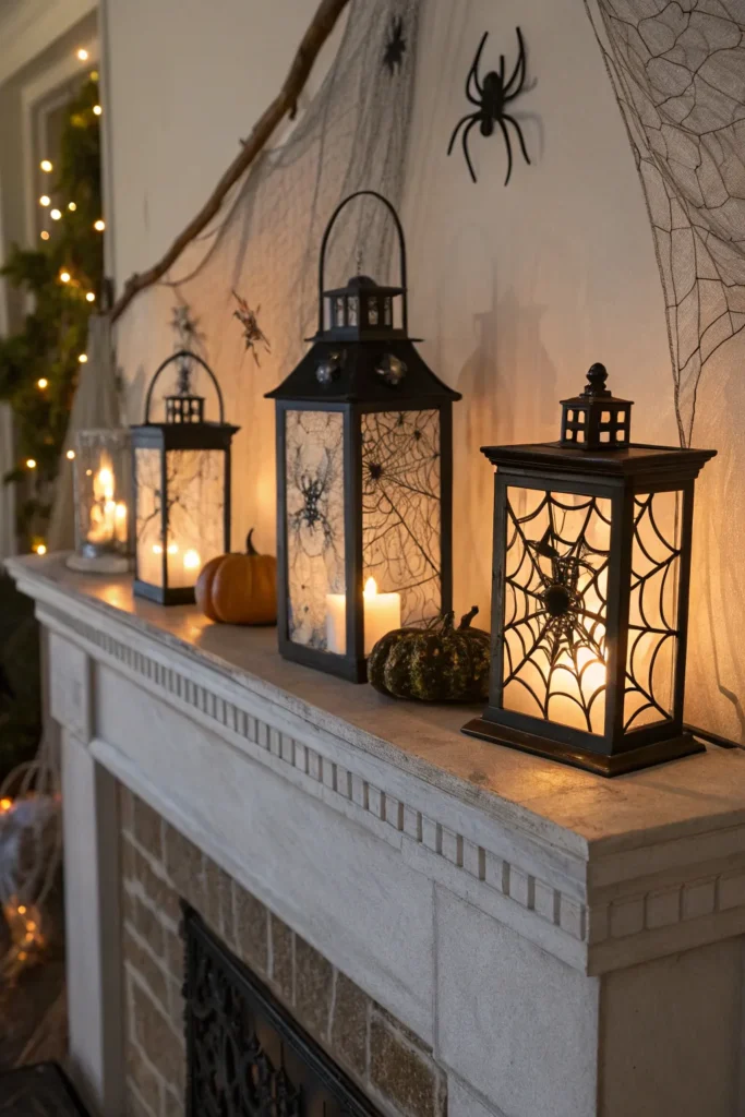 9 lanterns filled with cobwebs and mini skeleto