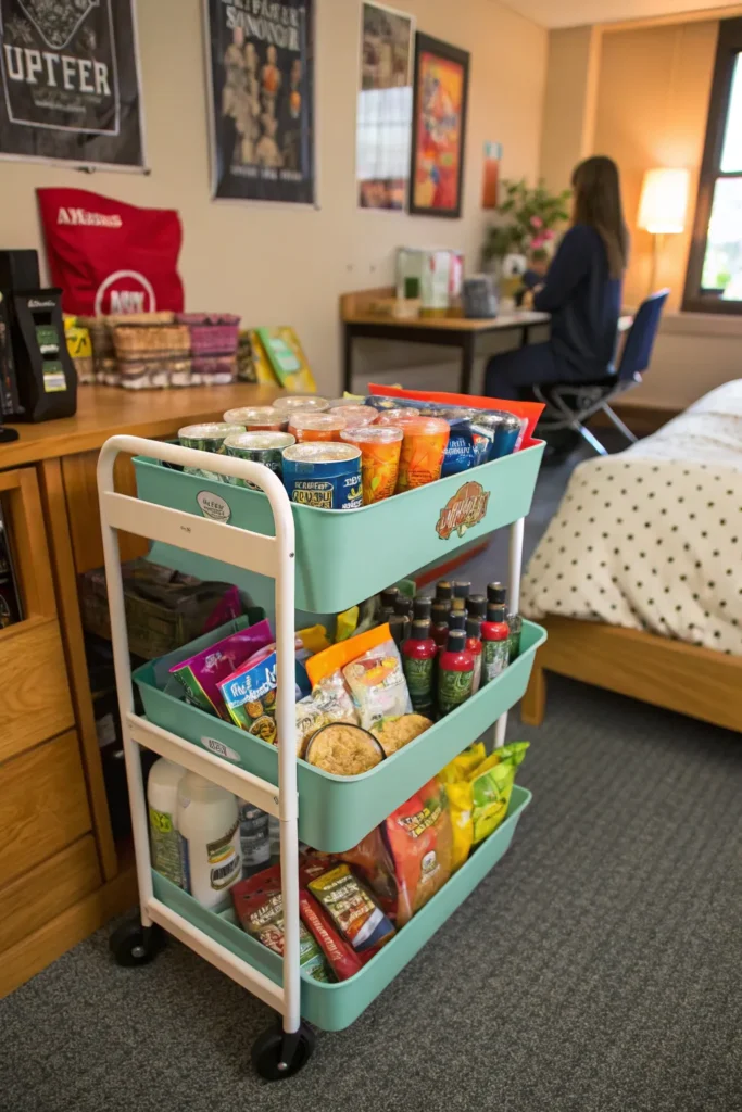 9 rolling snack cart in a dorm room filled with