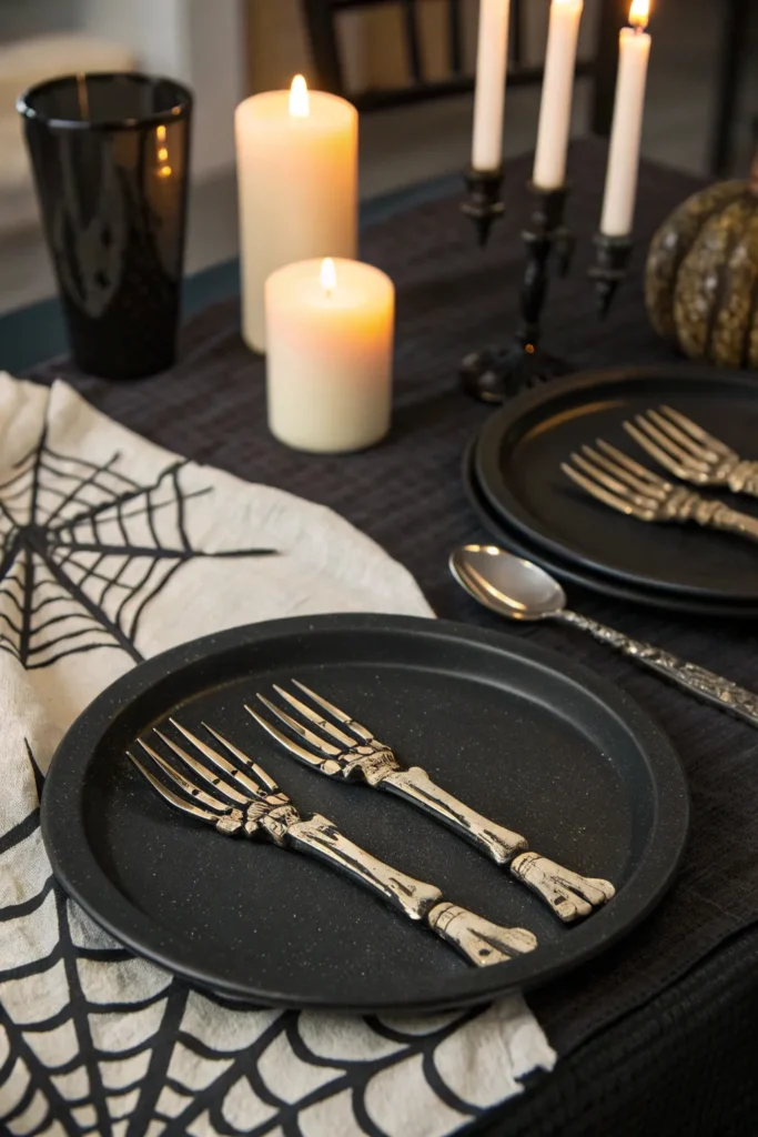 9 skeleton hand shaped utensils placed beside bl