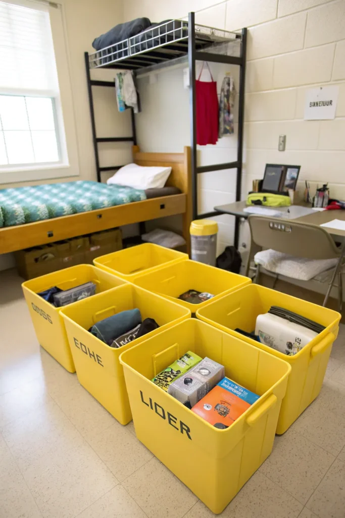 9 under bed space organized with bright yellow s