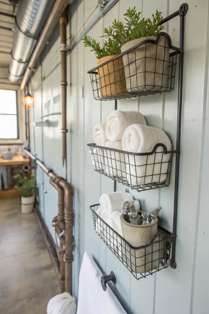 a compact bathroom wall with hanging wire baske