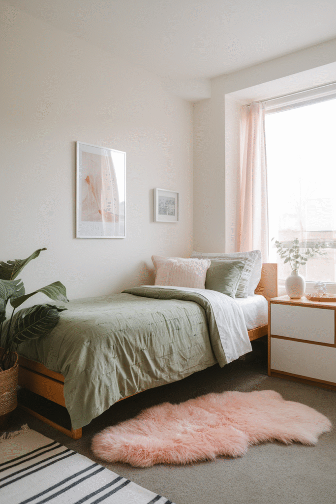 0006 1 6 dorm bed with green bedding and fluffy nSs1RfyKSUm eYpRO1n5Ww 7i2rIR RQK0l70hFZ8MtQ