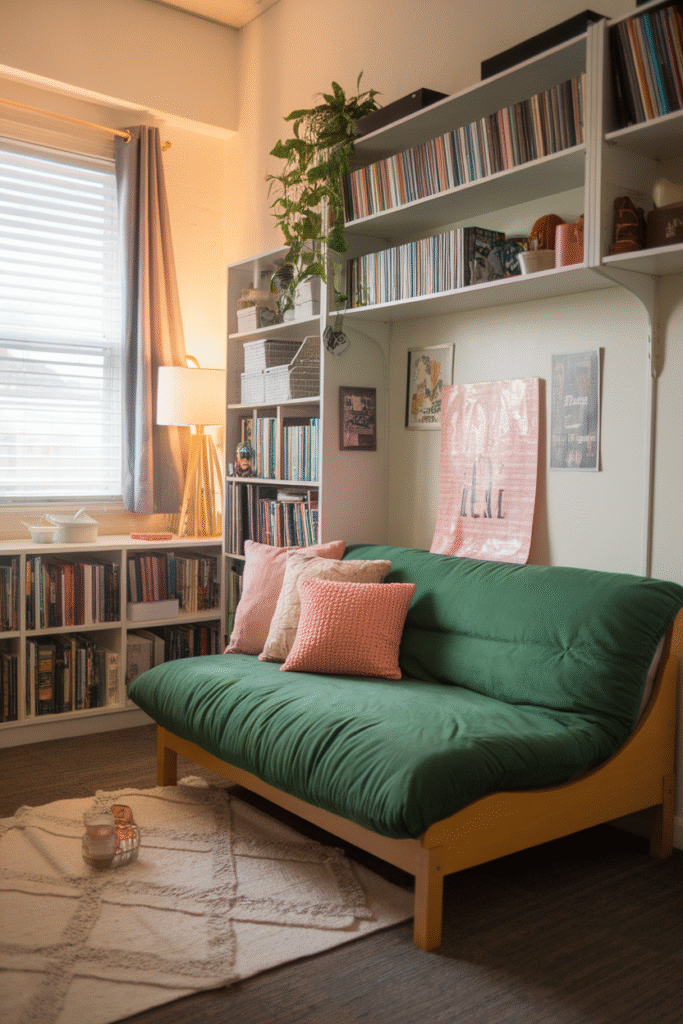 0010 1 10 green futon in dorm room with pink th 25TZdcpdTBmEZMIU81JVmQ 2lhMBIq0T1eHq0FG9exbCg