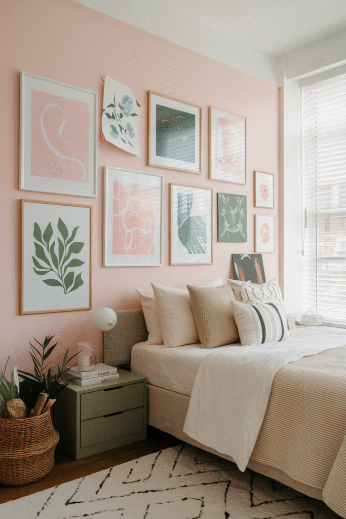0012 1 12 dorm wall with framed pink and green Ay6r9HvScSm8aSqpnAHCA NB5YN4wcQkW8629UzJubPA