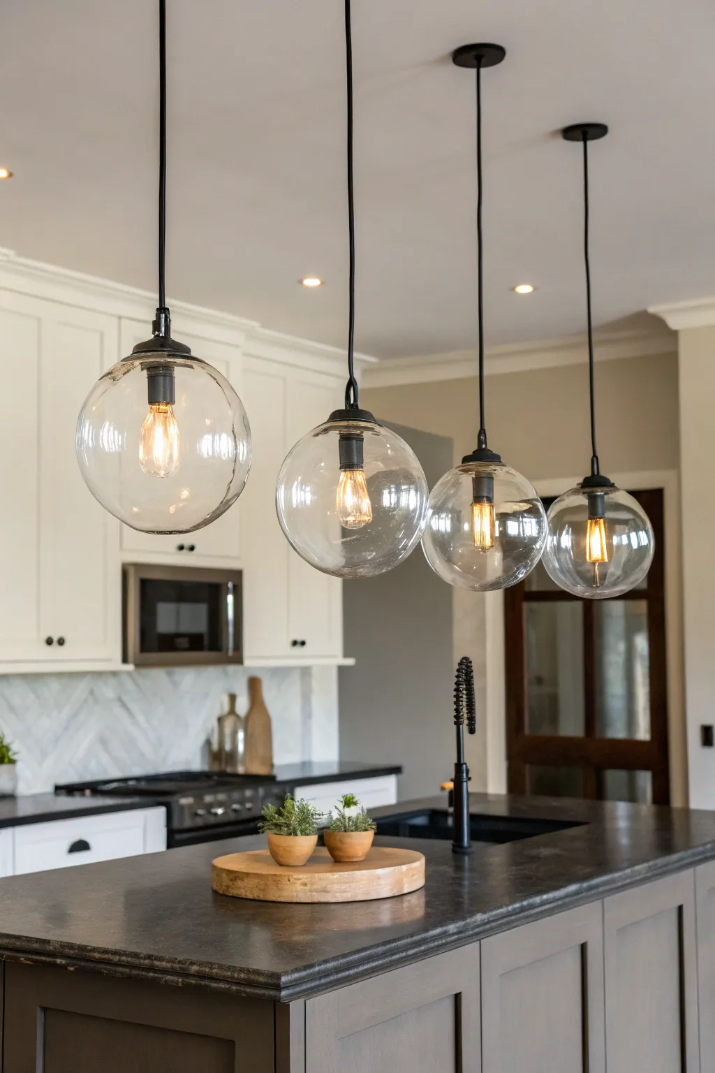 1 a modern kitchen island with a dark countertop