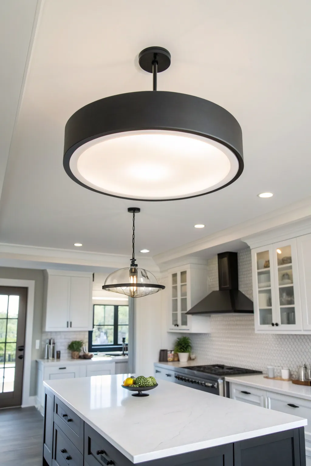 1 a modern kitchen with a low ceiling featuring